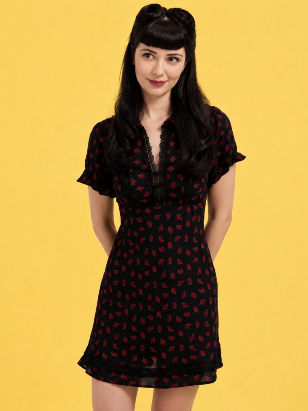 Kimchi Blue Black Mini Dress with Red Rose Print & Black Lace Detail